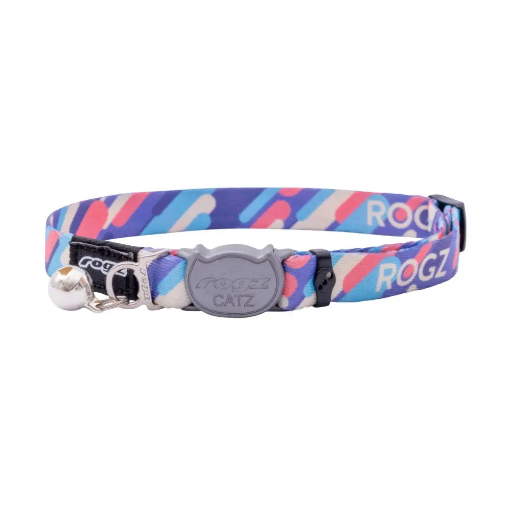 Rogz Fusion Cat Safety Collar with colorful patterns and adjustable break-away buckle for cat safety and comfort.