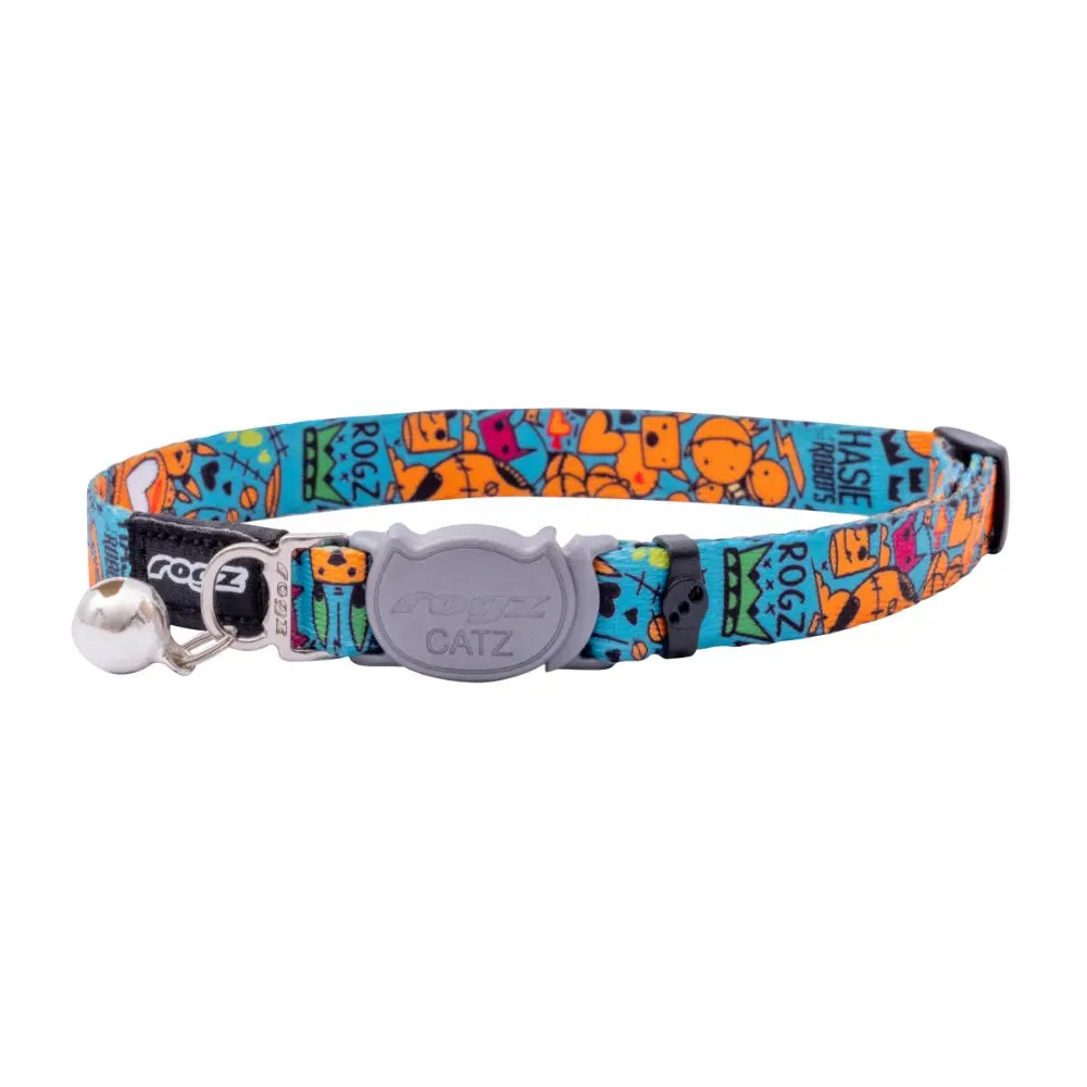 Rogz Fusion Cat Safety Collar featuring vibrant patterns and a break-away safety buckle for cat comfort and style.