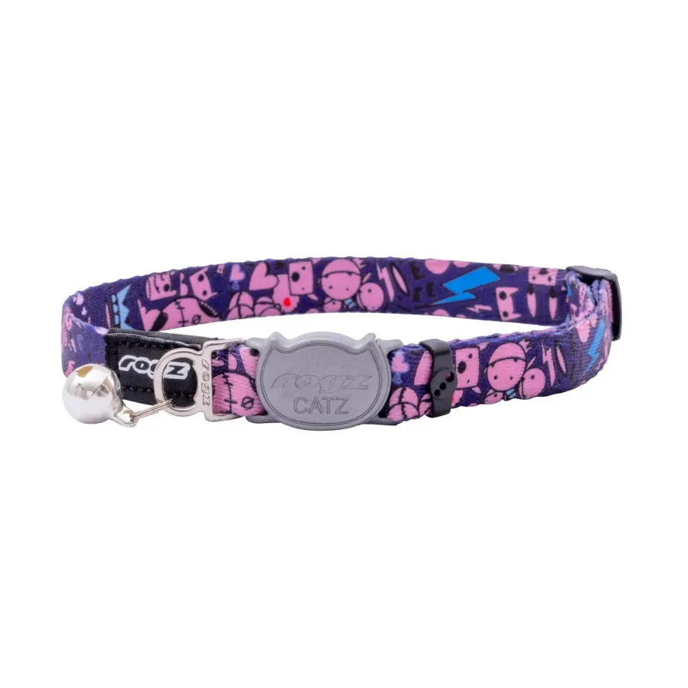 Rogz Fusion Cat Safety Collar in vibrant colors with safety buckle and bell for cat identification and comfort.