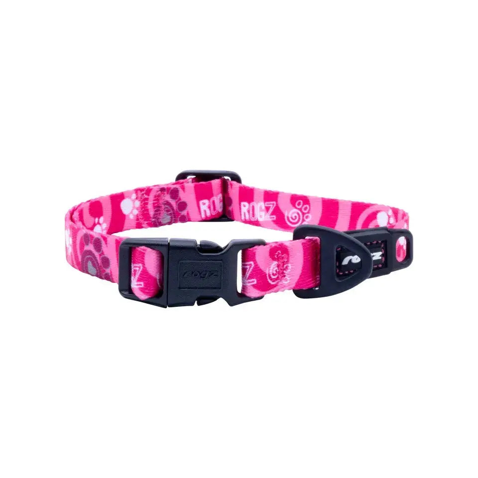 Rogz Fusion Classic Dog Collar in vibrant pink patterns with soft-touch webbing for comfort and style.