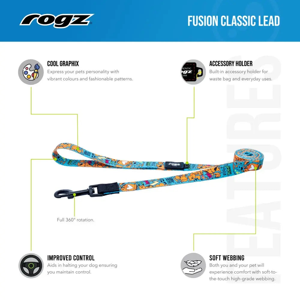 Rogz Fusion Classic Dog Lead features vibrant patterns, soft grip, and accessory holder for walks.