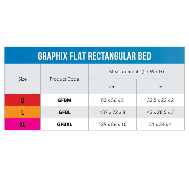 Size chart for Rogz Graphix Flat Dog Bed showing measurements in cm and inches for M, L, and XL sizes.