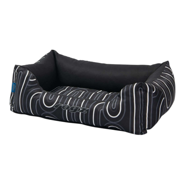 Rogz Graphix Walled Dog Bed with stylish black and white design, lightweight and water-resistant fabric for pets.
