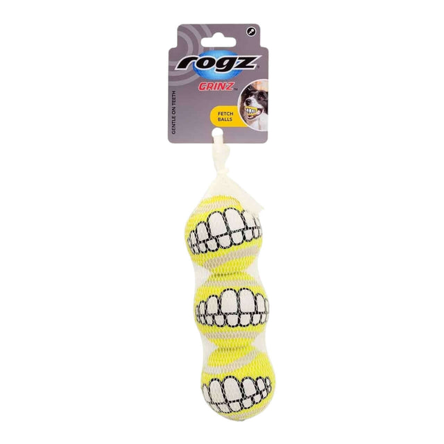 Rogz Grinz Dog Toy pack of three tennis balls with fun tooth design, ideal for fetch games and durable for dog play.