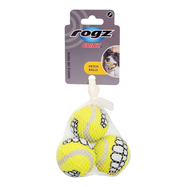 Rogz Grinz Dog Toy 3 Pack Tennis Balls in mesh packaging, designed for gentle fetch play and durable fun.
