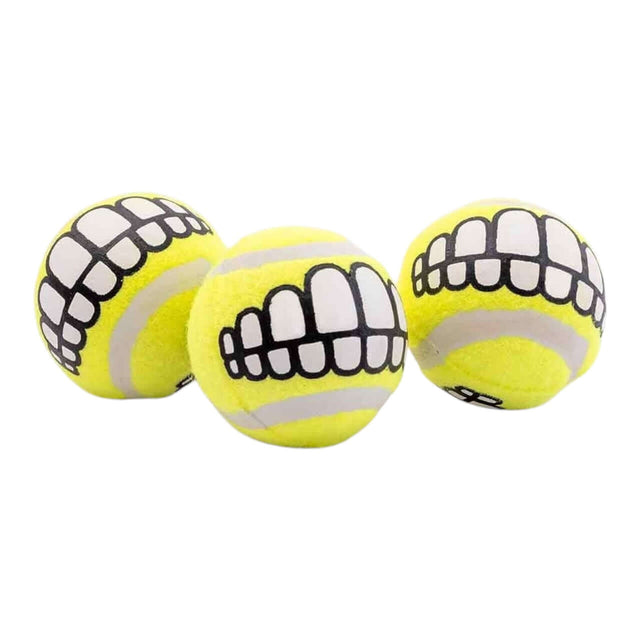 Rogz Grinz Dog Toy 3 Pack Tennis Balls in bright yellow with cartoon teeth designs, perfect for fetch and outdoor play.