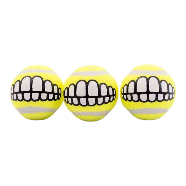 Rogz Grinz Dog Toy 3 Pack tennis balls with smiley teeth design for fun fetch games
