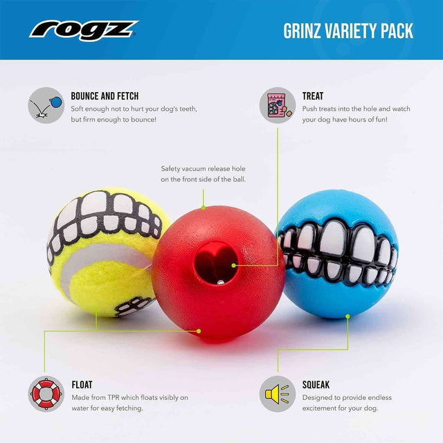 Rogz Grinz Dog Toy Variety Pack featuring three fun balls: tennis, treat, and squeaky for interactive play.