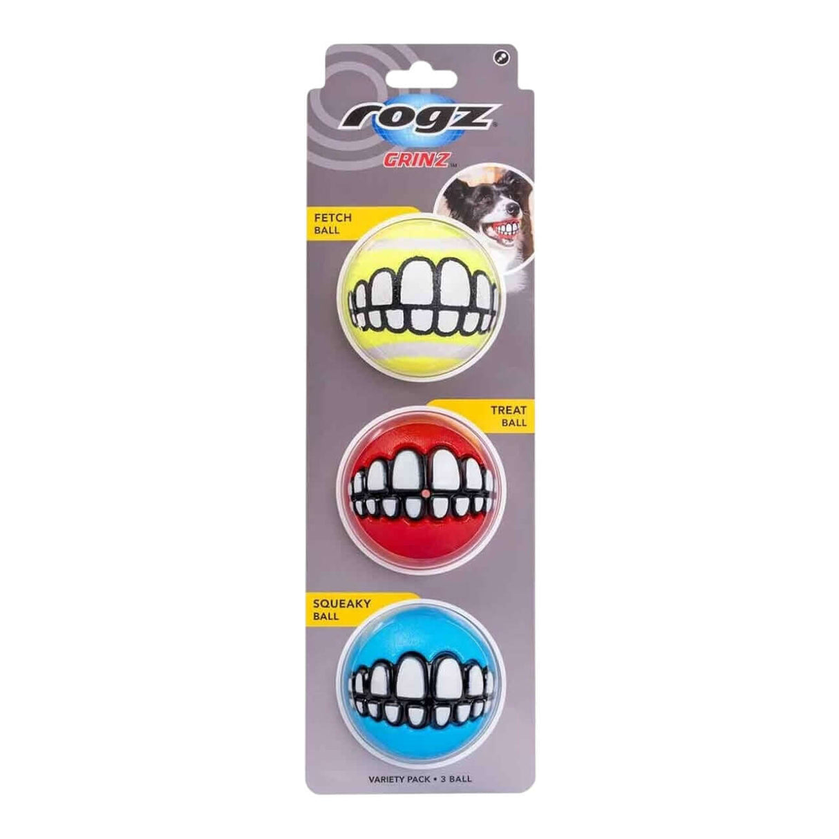 Rogz Grinz Dog Toy Variety Pack featuring Fetch, Treat, and Squeaky balls for interactive playtime with dogs.