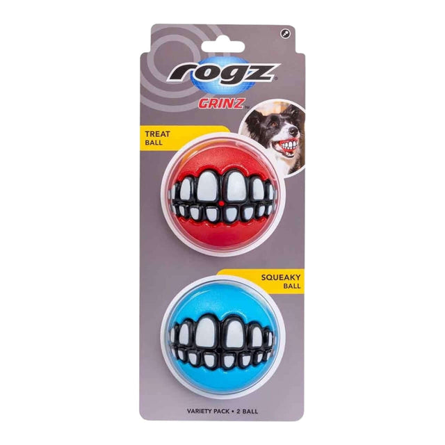Rogz Grinz Dog Toy Variety Pack featuring treat and squeaky balls for interactive playtime.