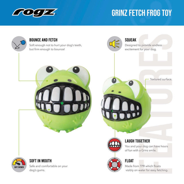 Rogz Grinz Fetch Frog Toy for dogs, featuring a playful frog design with squeak and soft texture, perfect for fetching fun.