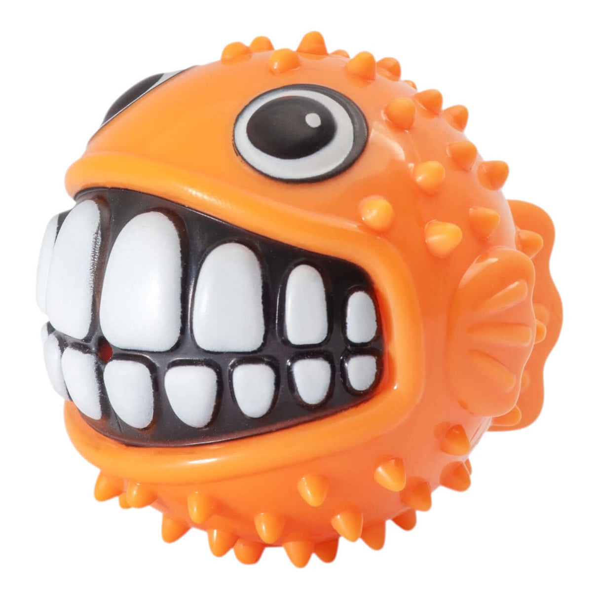Rogz Grinz Fetch Puffer Fish Toy in bright orange, featuring quirky smile and spiky texture, perfect for dog fetch play.