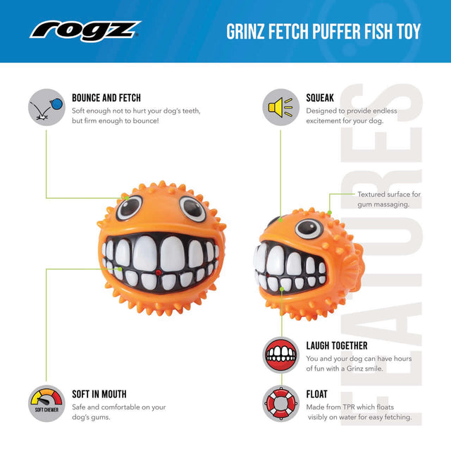 Rogz Grinz Fetch Puffer Fish Toy features bounce, squeak, and soft texture for engaging dog playtime.