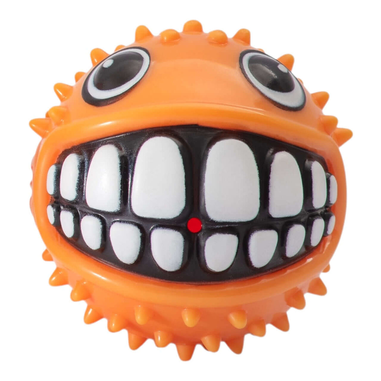 Rogz Grinz Fetch Puffer Fish Toy for dogs, orange spiky squeaky fetch ball with playful Grinz smile design.