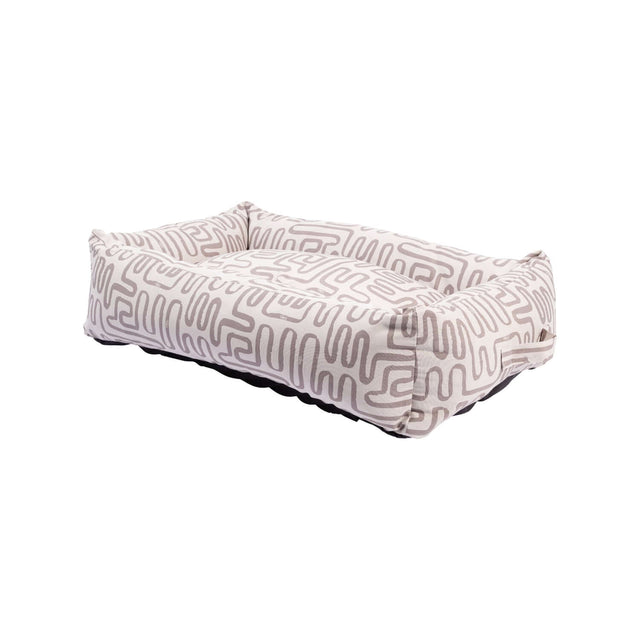 Rogz Retro Rectangular Bed in stylish beige geometric pattern, ideal for cozy pet lounging and easy cleaning.