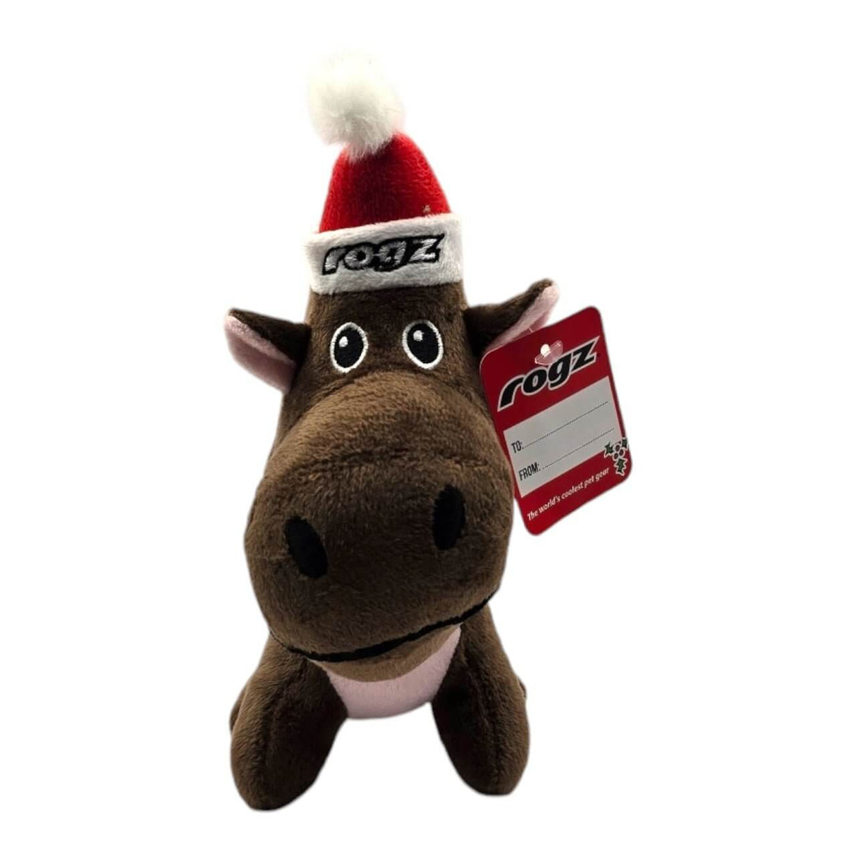 Rogz Safari Xmas Dog Toy plush moose with a Santa hat, featuring a squeaker for dogs, approx 20cm tall.