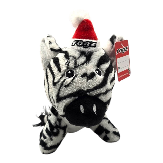 Rogz Safari Christmas Dog Toy, plush zebra with a squeaker and a festive hat, perfect for holiday fun for dogs.