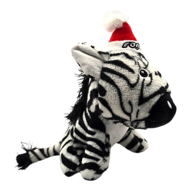 Soft plush zebra dog toy with a festive Santa hat, featuring a squeaker for holiday fun, size 8 x 13 x 20cm.