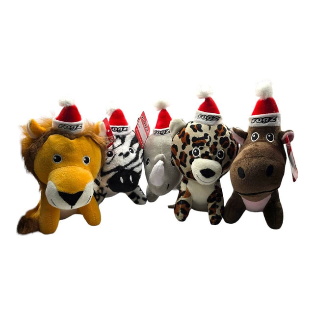 Rogz Safari Xmas Dog Toys featuring plush animals wearing Santa hats, perfect holiday gifts for dogs.