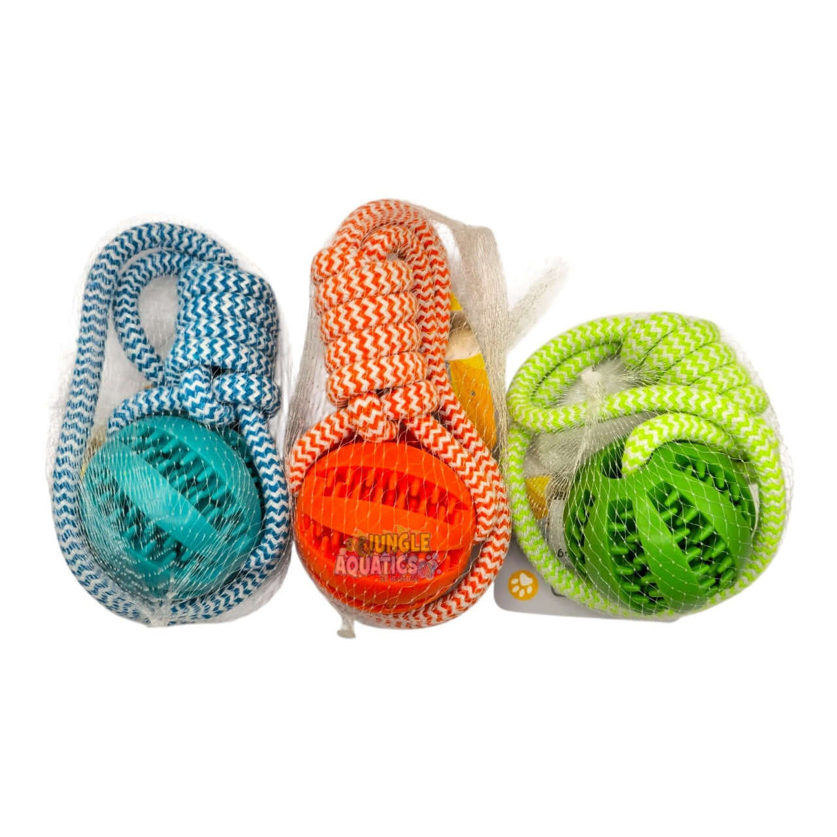 Rope Ball Tug Toy set featuring colorful rope handles and rubber balls for interactive dog play.