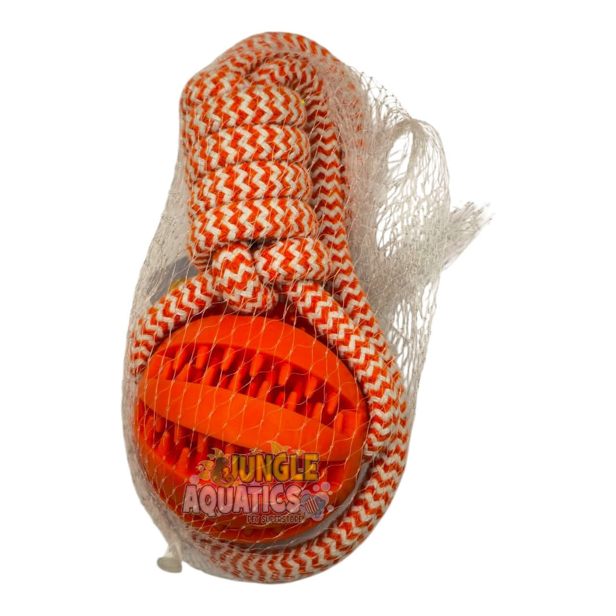 Rope Ball Tug Toy featuring a durable rope handle and textured rubber ball for interactive play with dogs.
