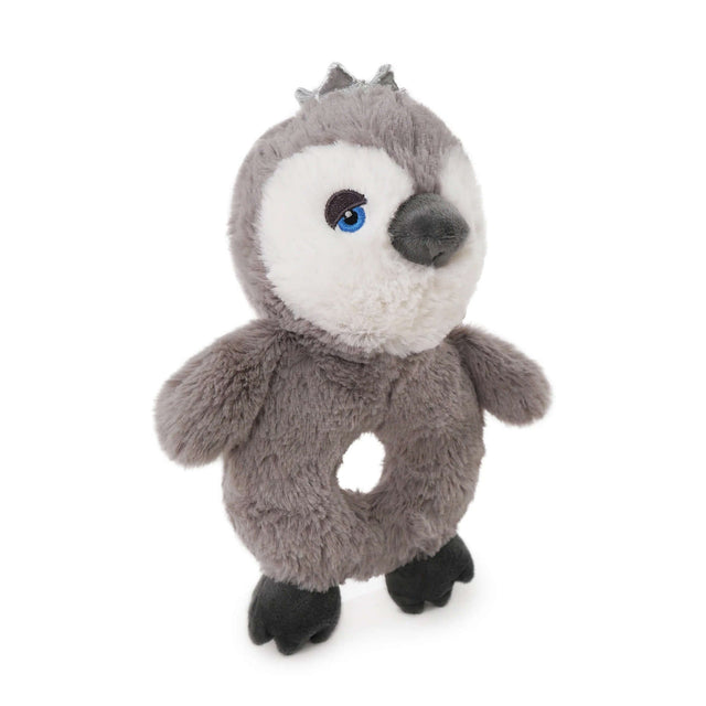 Soft plush penguin toy with a rope core, designed for interactive dog play and tugging fun.