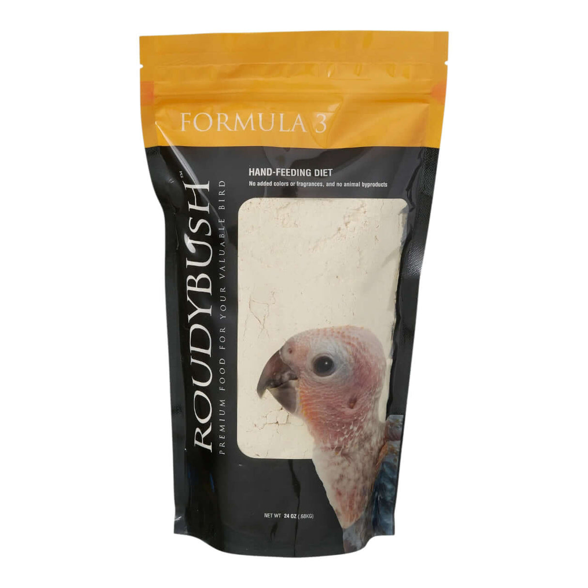 Roudybush Formula 3 Hand Feeding Food packaging featuring a hand-feeding diet for psittacines.