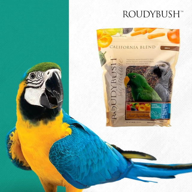 Roudybush California Blend 1.25kg with colorful parrot, featuring dried fruits and vegetables for birds.