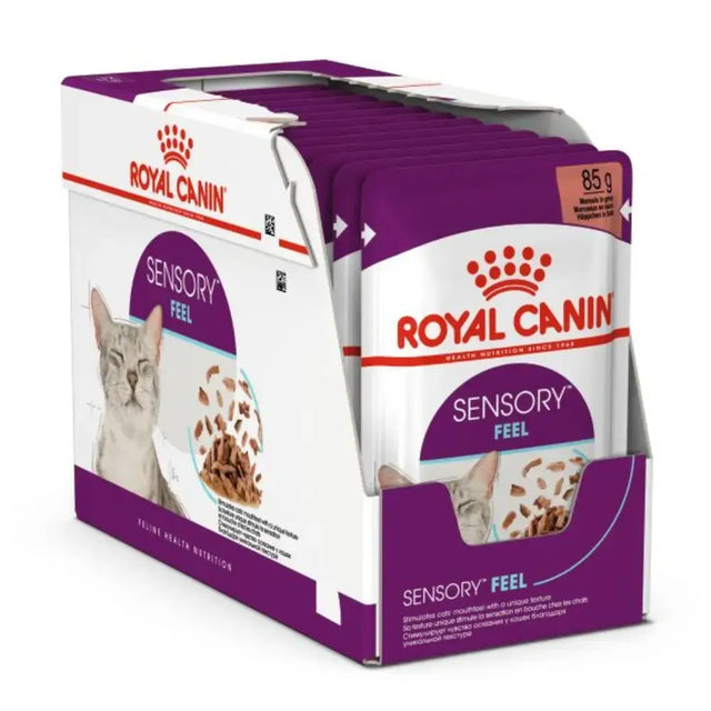 Royal Canin Sensory Feel in Gravy for Cats 85g packaging with cat imagery, emphasizing sensory experience during mealtime.
