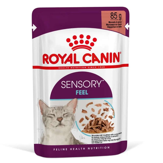 Royal Canin Sensory Feel in Gravy for Cats 85g pouch, promoting feline health and sensory experience.