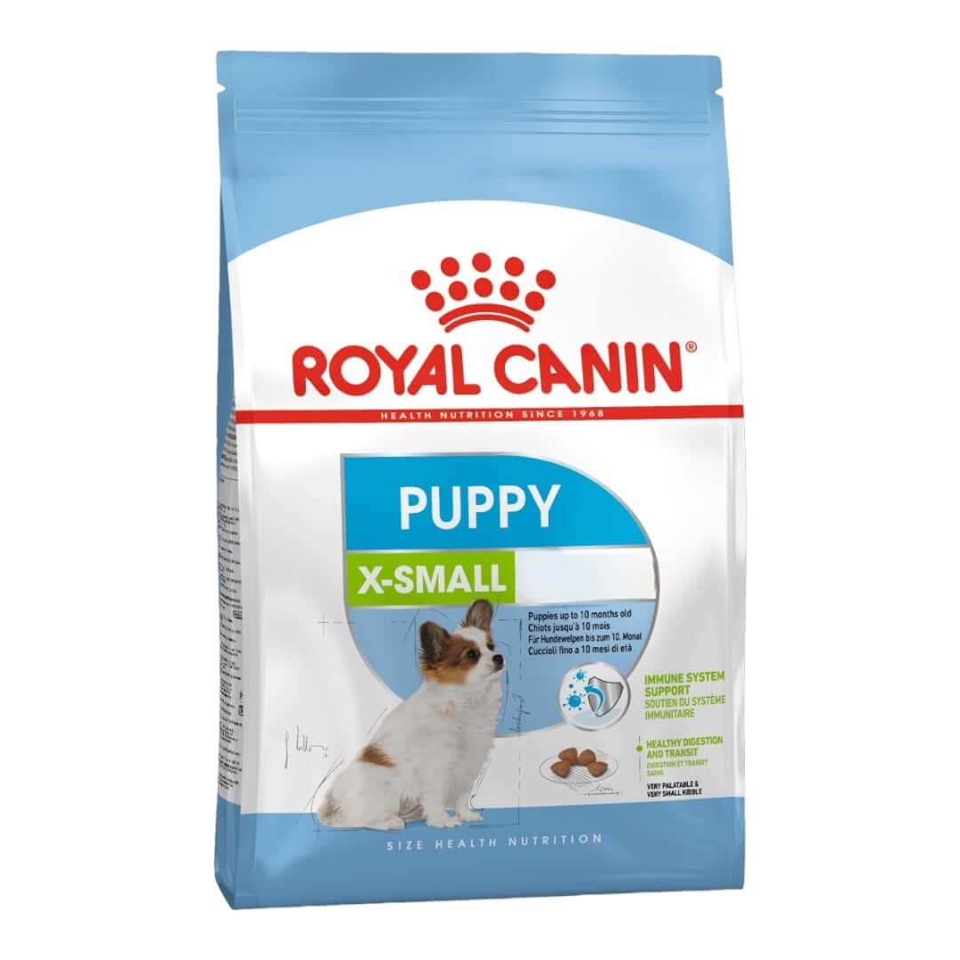 Royal Canin X-Small Puppy food packaging for small breed puppies under 10 months, promotes health and digestion.