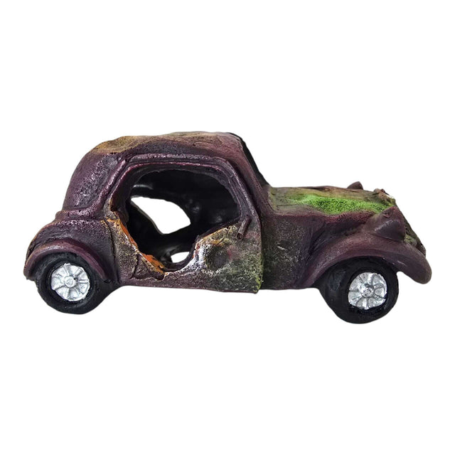 Rusted Car Wreck Aquarium Ornament with dark purplish-brown finish and greenish-brown rust patches, perfect for aquatic decor.