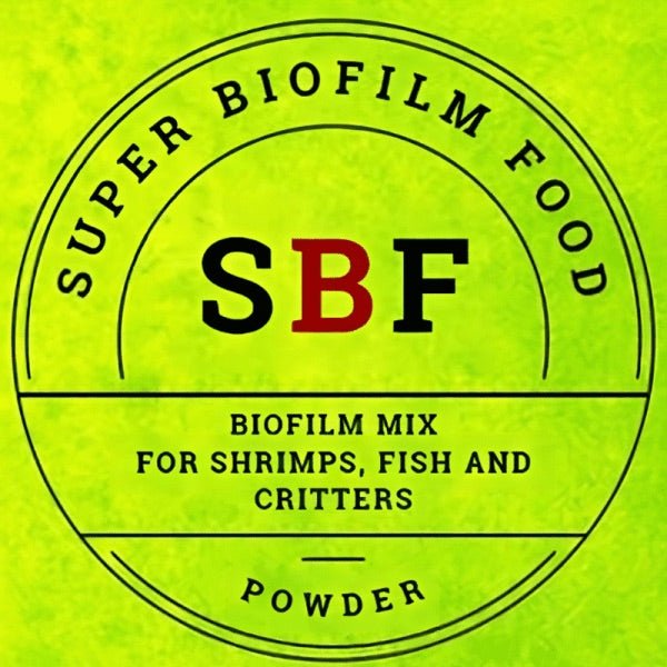 SBF Biofilm Mix powder label for shrimp, fish, and critters with nutrient-rich ingredients for aquatic health.