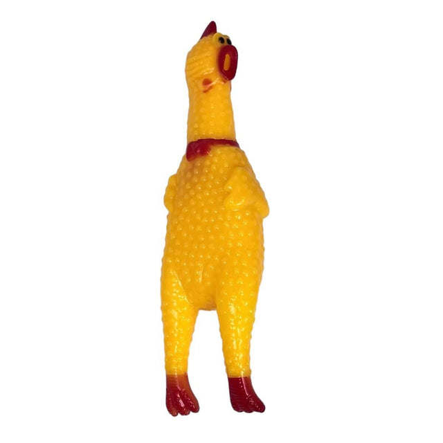 Bright yellow screaming chicken dog toy made of durable, non-toxic material for hours of fun and squeaky play.