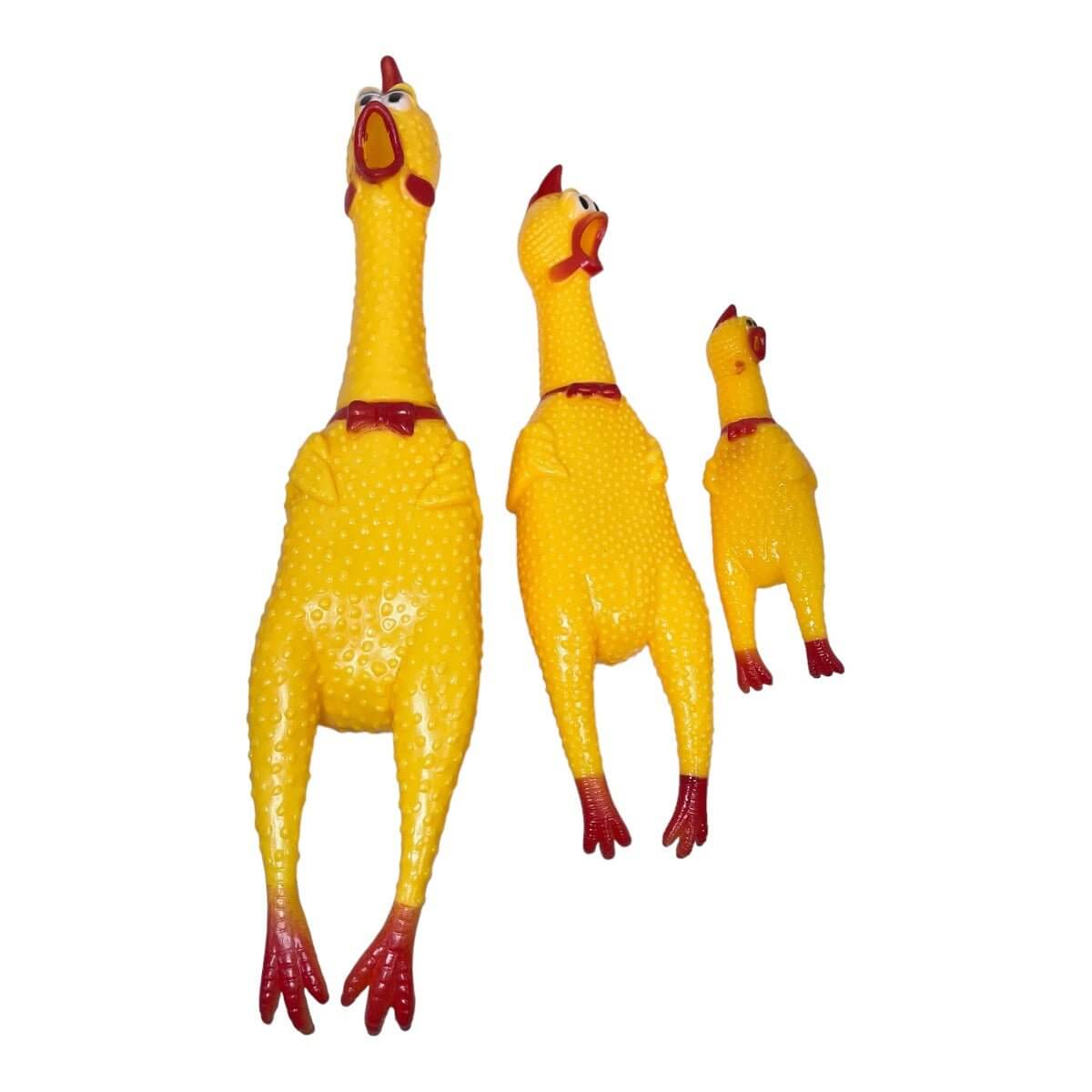 Three vibrant yellow screaming chicken dog toys, designed for fun and durable playtime for pets.