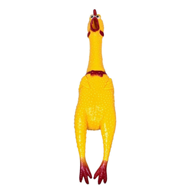 Bright yellow screaming chicken dog toy, perfect for squeaky fun and interactive play with your pet.