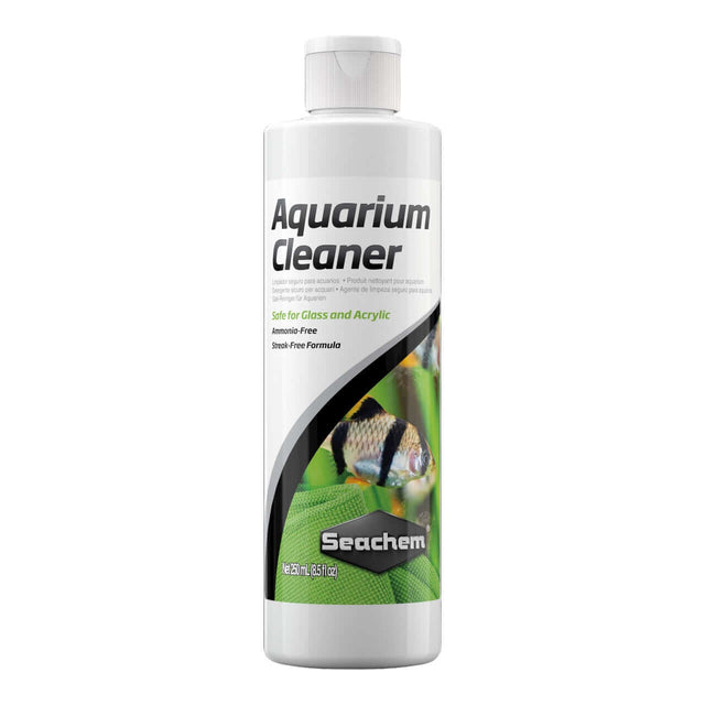 Seachem Aquarium Cleaner 250ml bottle, ammonia-free, streak-free formula for glass and acrylic surfaces.