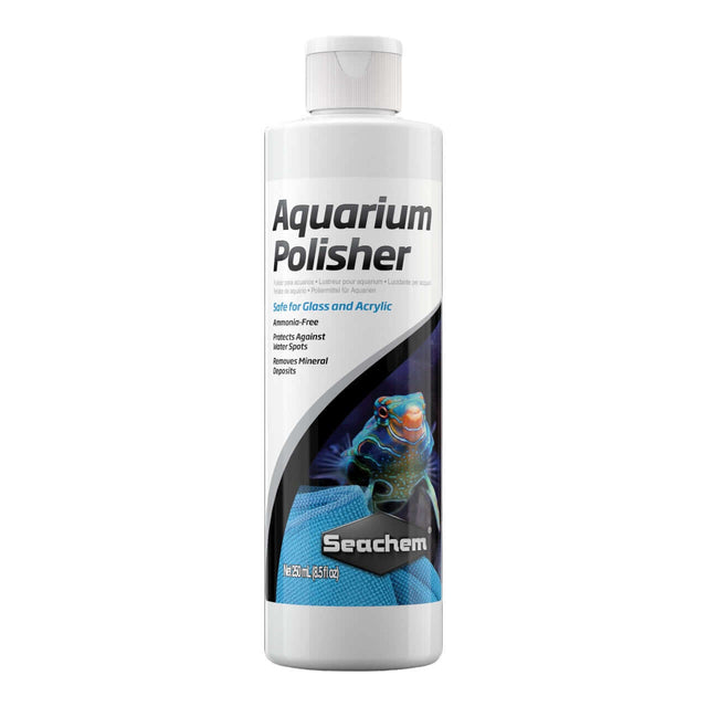 Seachem Aquarium Polisher 250ml bottle, ammonia-free cleaner for glass and acrylic aquariums, removes mineral deposits.