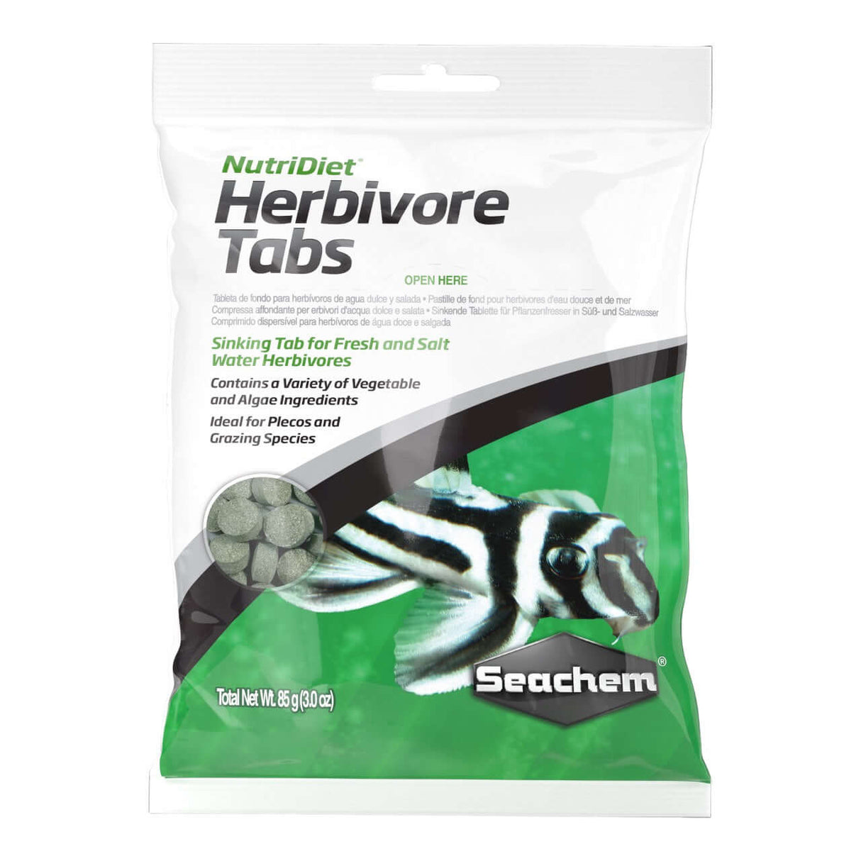 Seachem Herbivore Tabs 85g sinking tab for fresh and saltwater herbivores with vegetable and algae ingredients.