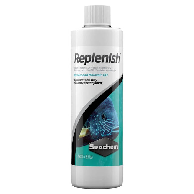 Seachem Replenish bottle for restoring general hardness and replenishing minerals in aquarium water.
