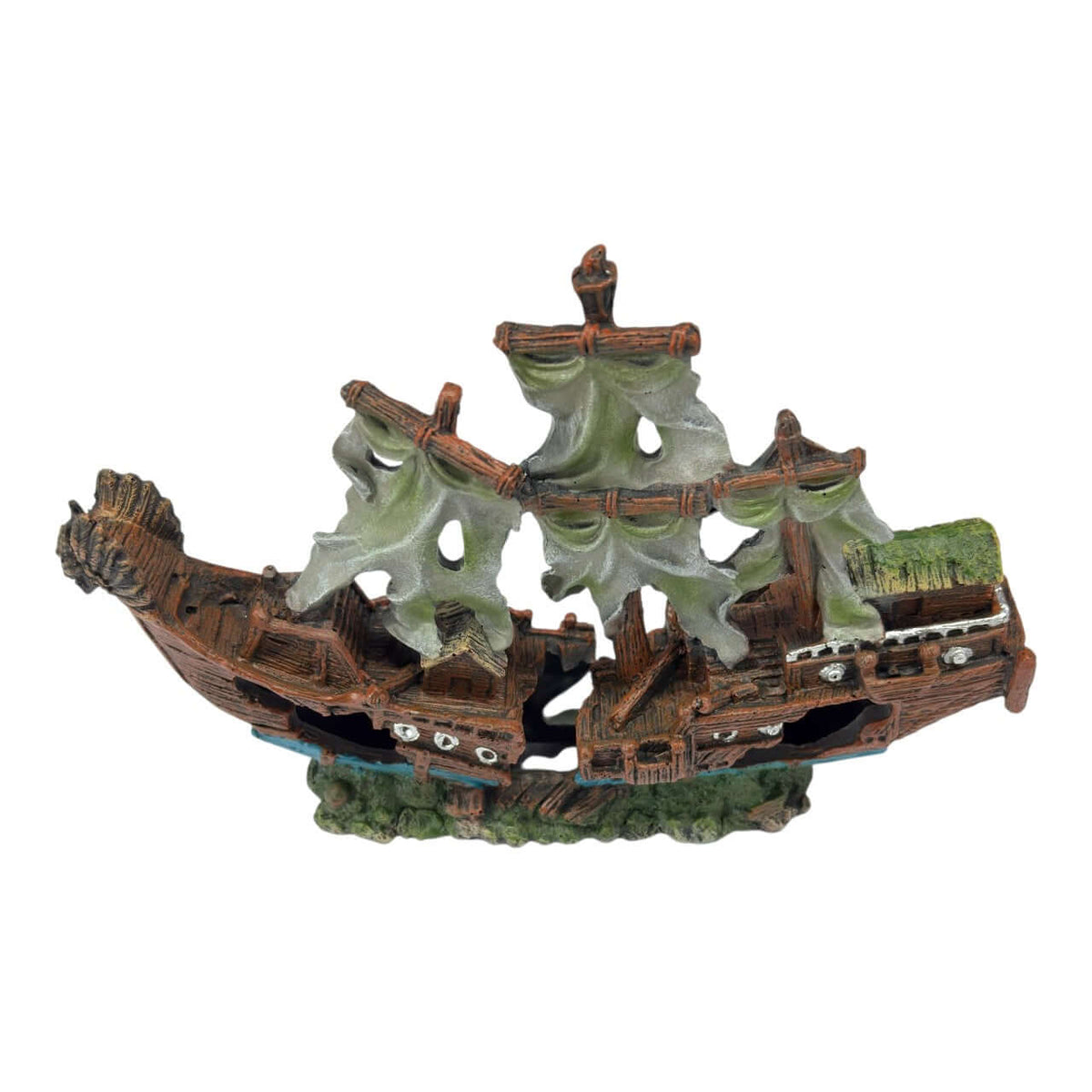 Seaguardian Shipwreck Ornament featuring a weathered ship hull, torn sails, and green accents, ideal for aquarium decoration.
