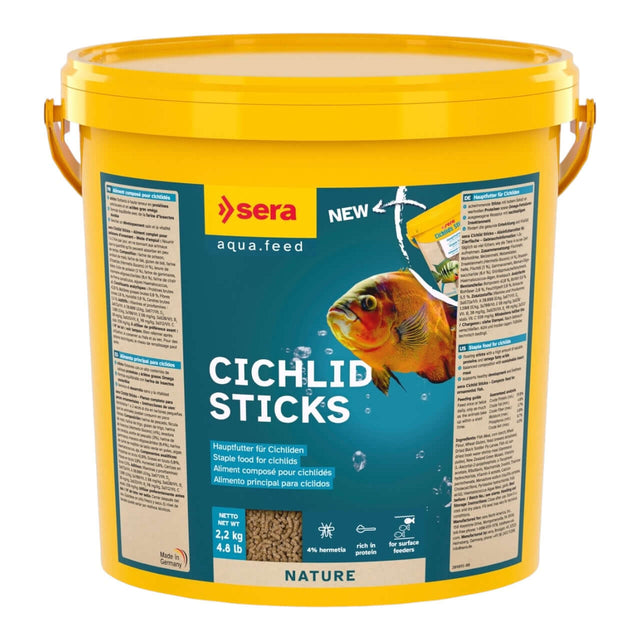 Sera Cichlid Sticks in a yellow bucket, high protein staple food for cichlids, supports healthy growth and water clarity.