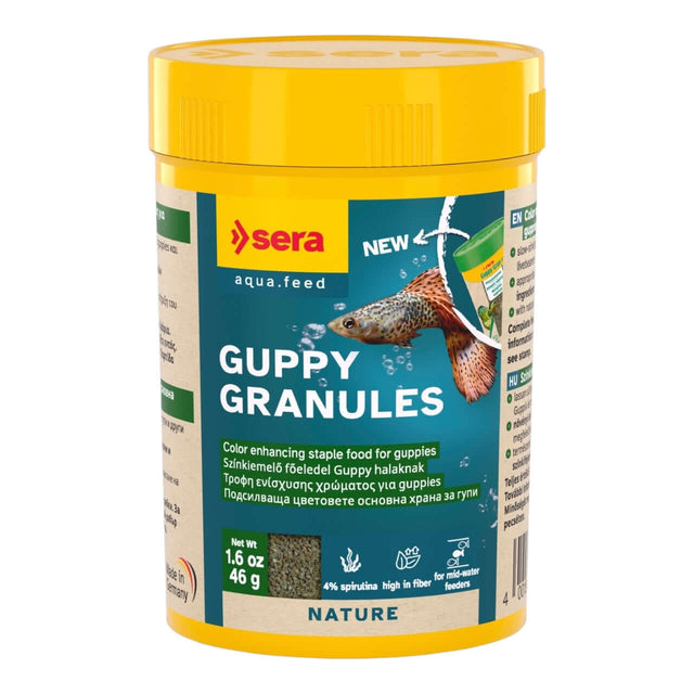 Sera Guppy Granules packaging, color-enhancing staple food for guppies with natural ingredients for vibrant health and color.