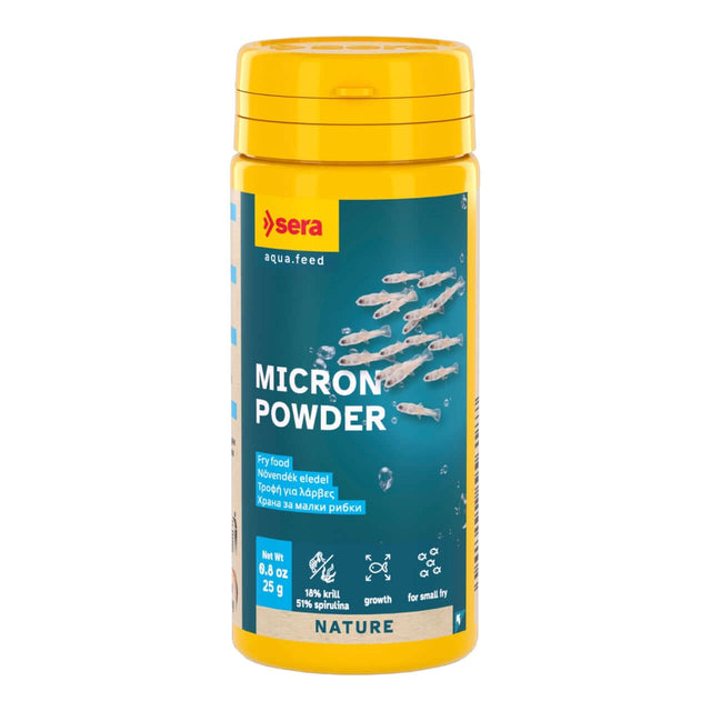 Sera Micron Powder 50ml, high-quality fish fry and amphibian larvae food, promotes growth and immune system health.