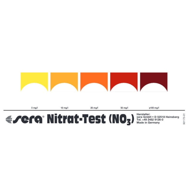 Sera Nitrate No3 Test Kit color chart for measuring nitrate levels in water, effective for freshwater and marine use.