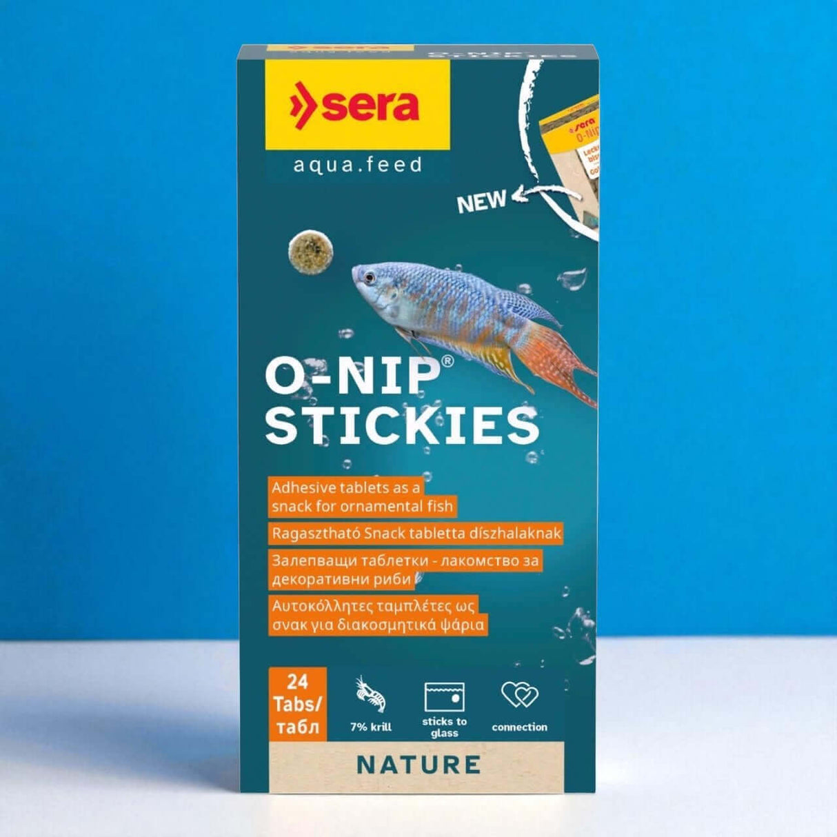 Sera O-Nip Stickies 24 Tablets for ornamental fish snack, high protein, adhesive tablets for aquarium glass.