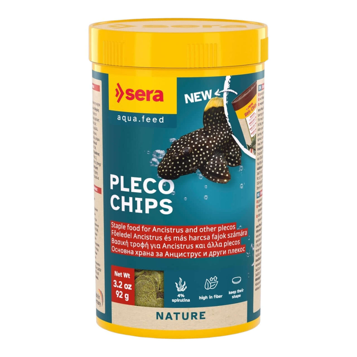 Sera Pleco Chips for Ancistrus, high-fiber fish food in a 3.2 oz container, ideal for healthy digestion and nighttime feeding.