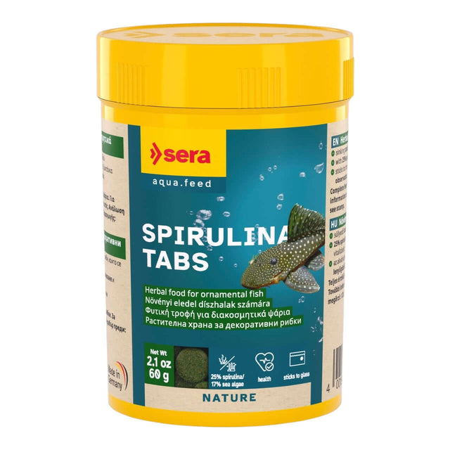 Sera Spirulina Tabs for ornamental fish, sinking tablets for healthy digestion and vibrant colors, ideal for herbivorous fish.