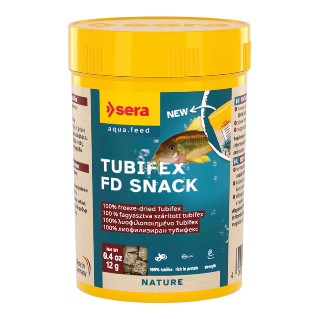 Sera Tubifex FD Snack 100ml, freeze-dried Tubifex food for carnivorous fish, rich in protein and energy.