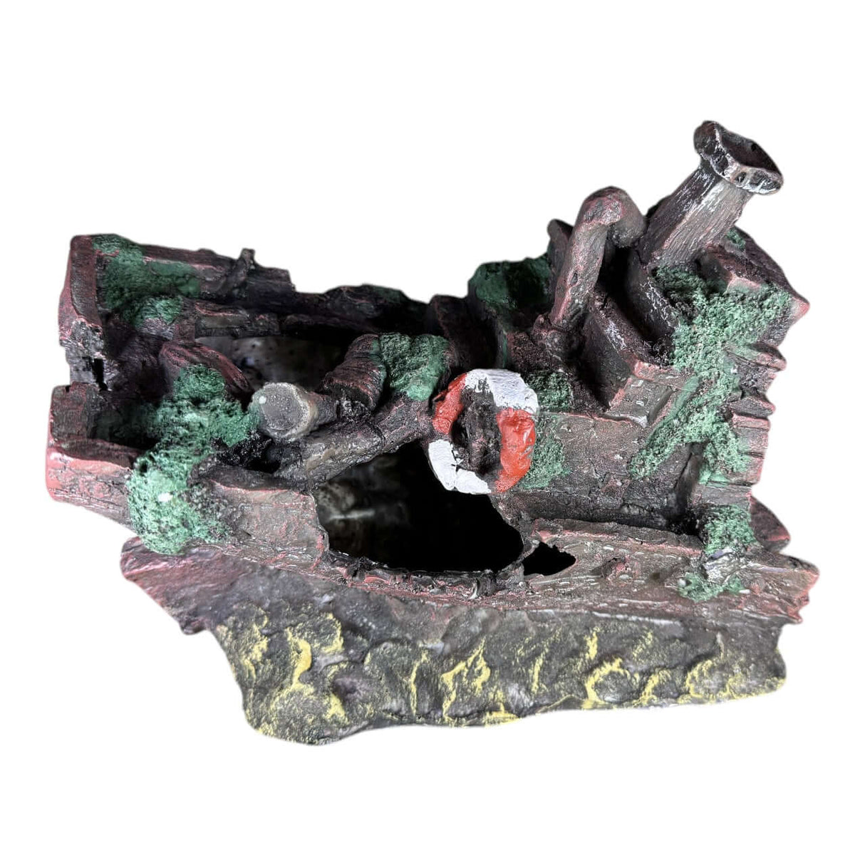 Shipwreck Two Halves Aquarium Ornament with rustic details and vibrant colors for aquatic decoration